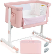 3in1 Baby Bassinet Bedside Crib Co-Sleeper Cot with Mattress & Wheels Pink