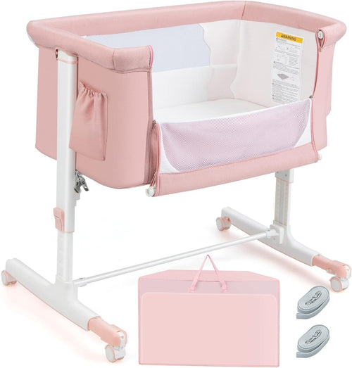 3in1 Baby Bassinet Bedside Crib Co-Sleeper Cot with Mattress & Wheels Pink