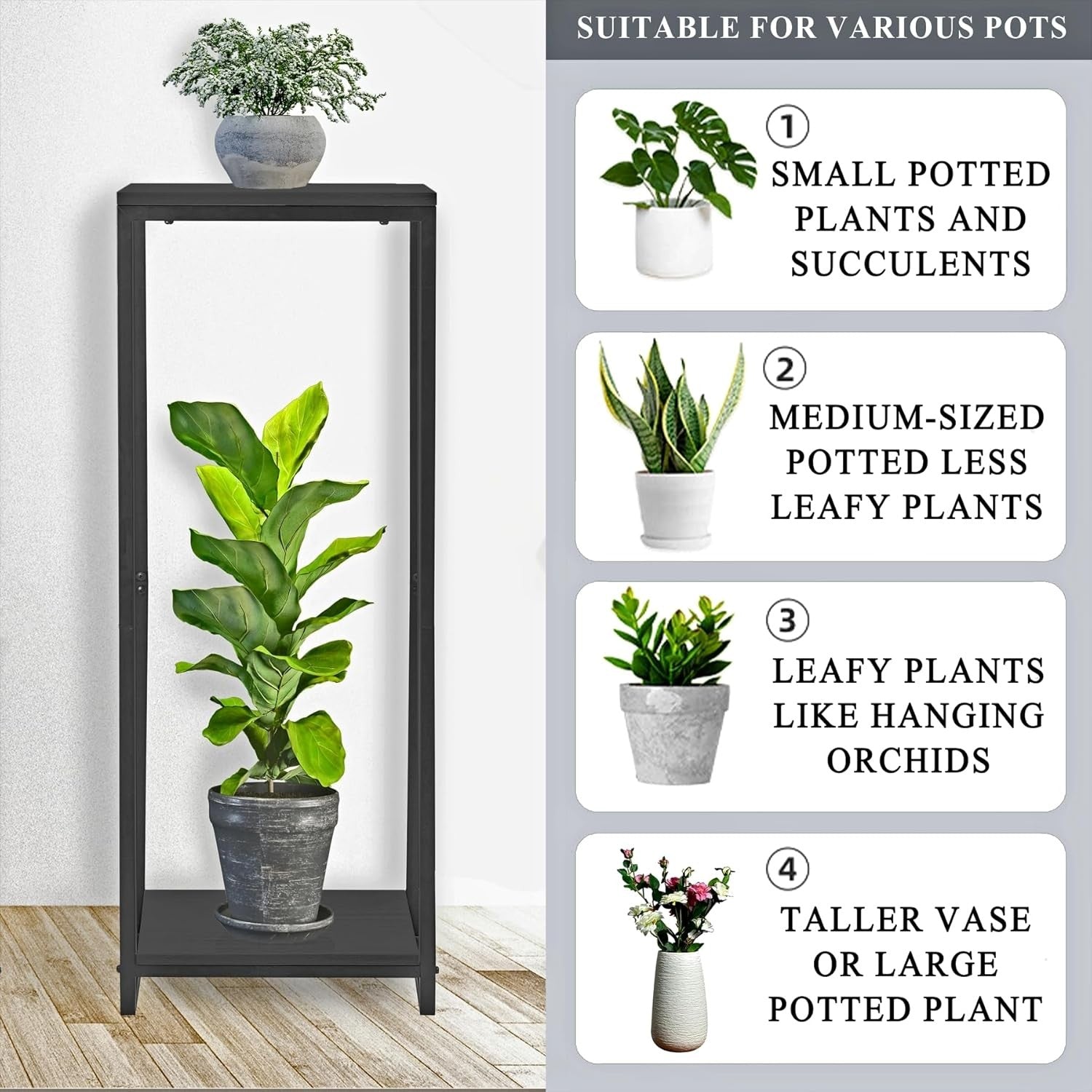 34" Tall 2 Tier Black Metal Plant Stand Modern Indoor Flower Pot Shelf