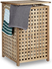 Walnut Wood Laundry Hamper with Lid & Linen Sack | 75L Woven Laundry Basket Natu