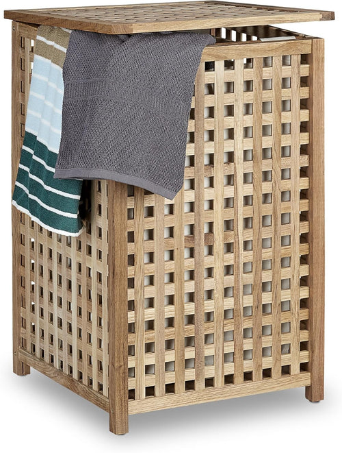 Walnut Wood Laundry Hamper with Lid & Linen Sack | 75L Woven Laundry Basket Natu