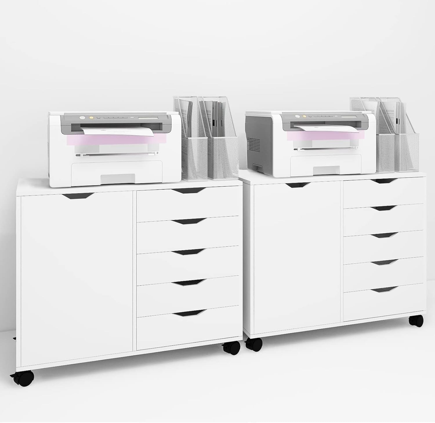 White Mobile 5 Drawer File Cabinet with Door Rolling Printer Stand