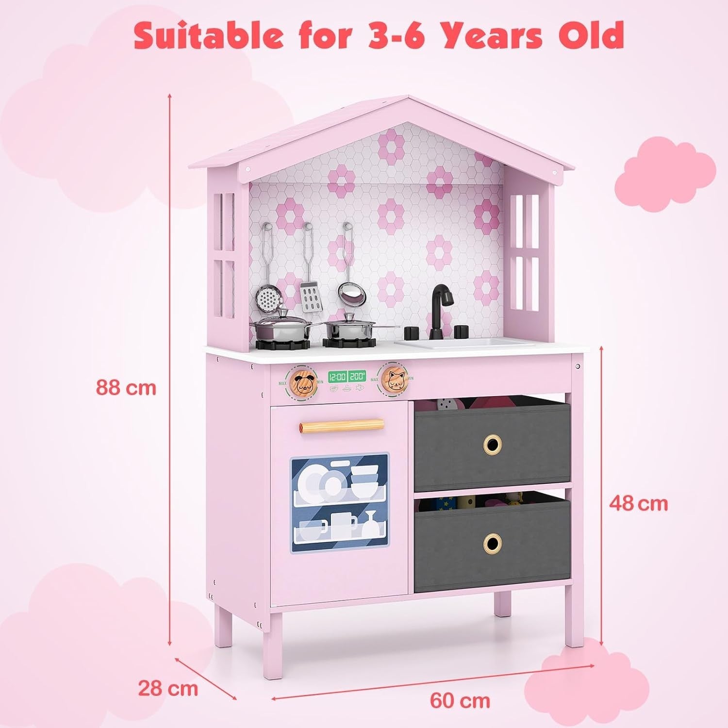 Wooden Kids Play Kitchen Pink Toy Set Sink Dishwasher Storage Stove