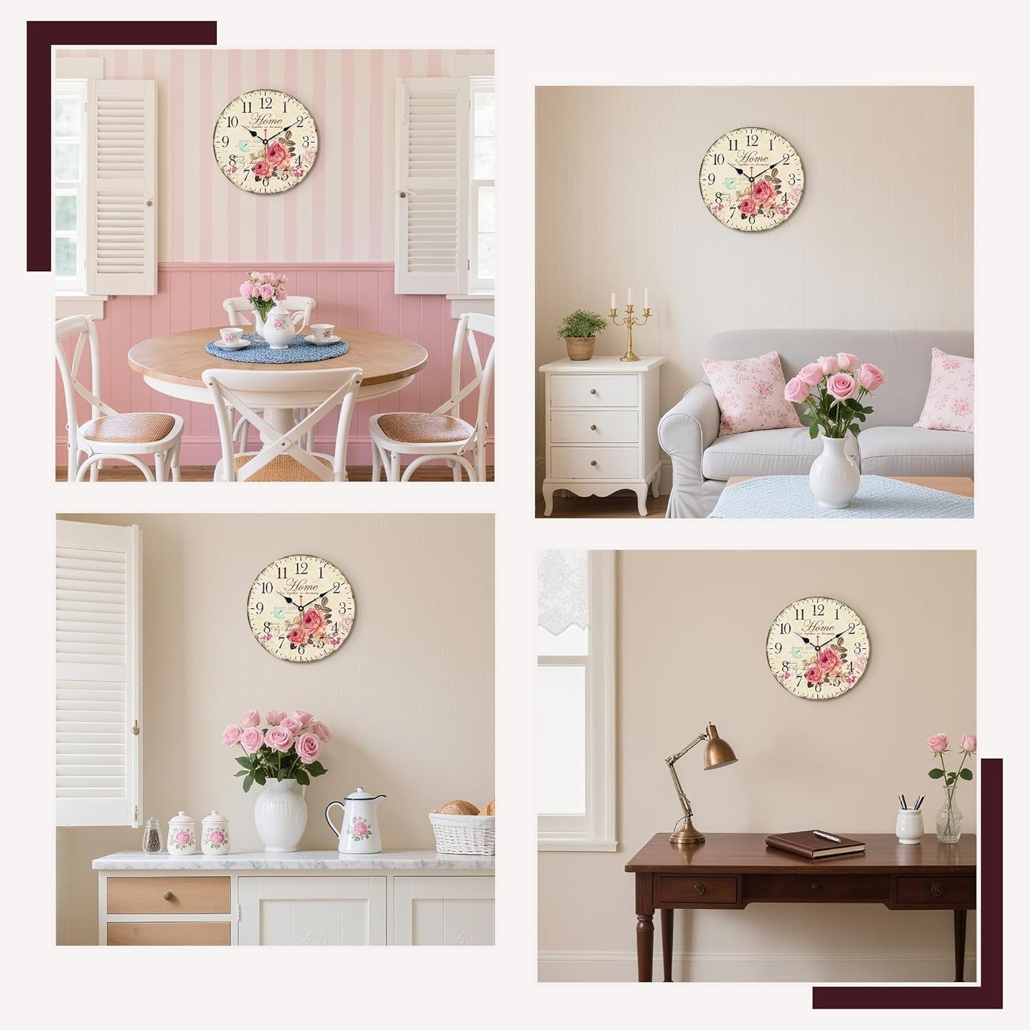 14” Vintage Floral Wall Clock Silent Non-Ticking Wooden Retro Arabic Numerals De