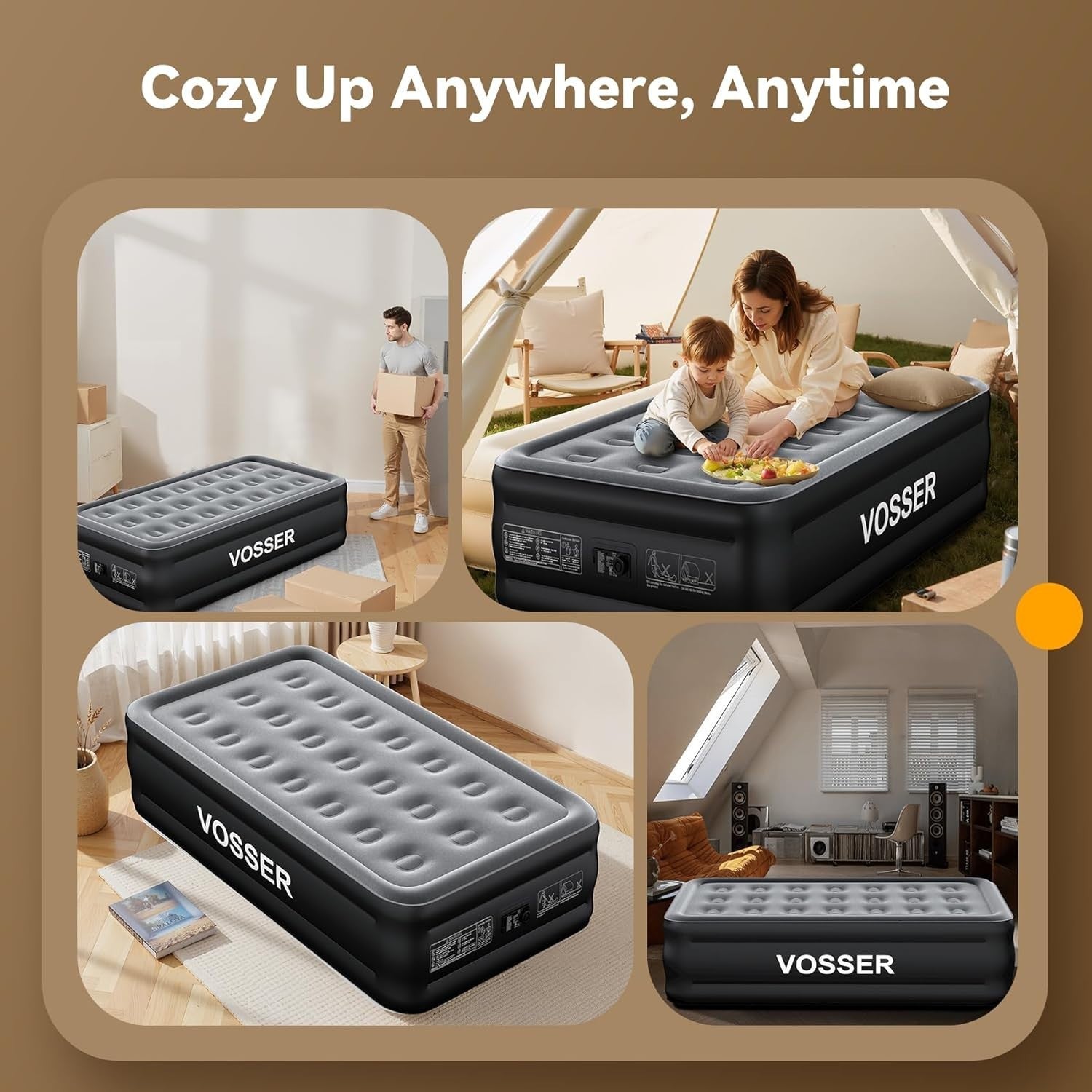 Single Air Mattress Built In Pump 18” Raised 2 Min Inflating Black Air Bed