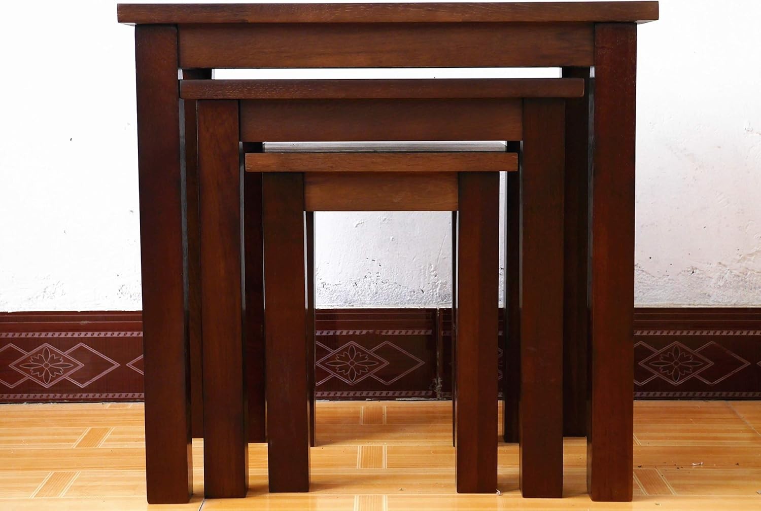 3 Nesting Coffee Tables Set Walnut Oak Wood Rectangular Living Room Side End