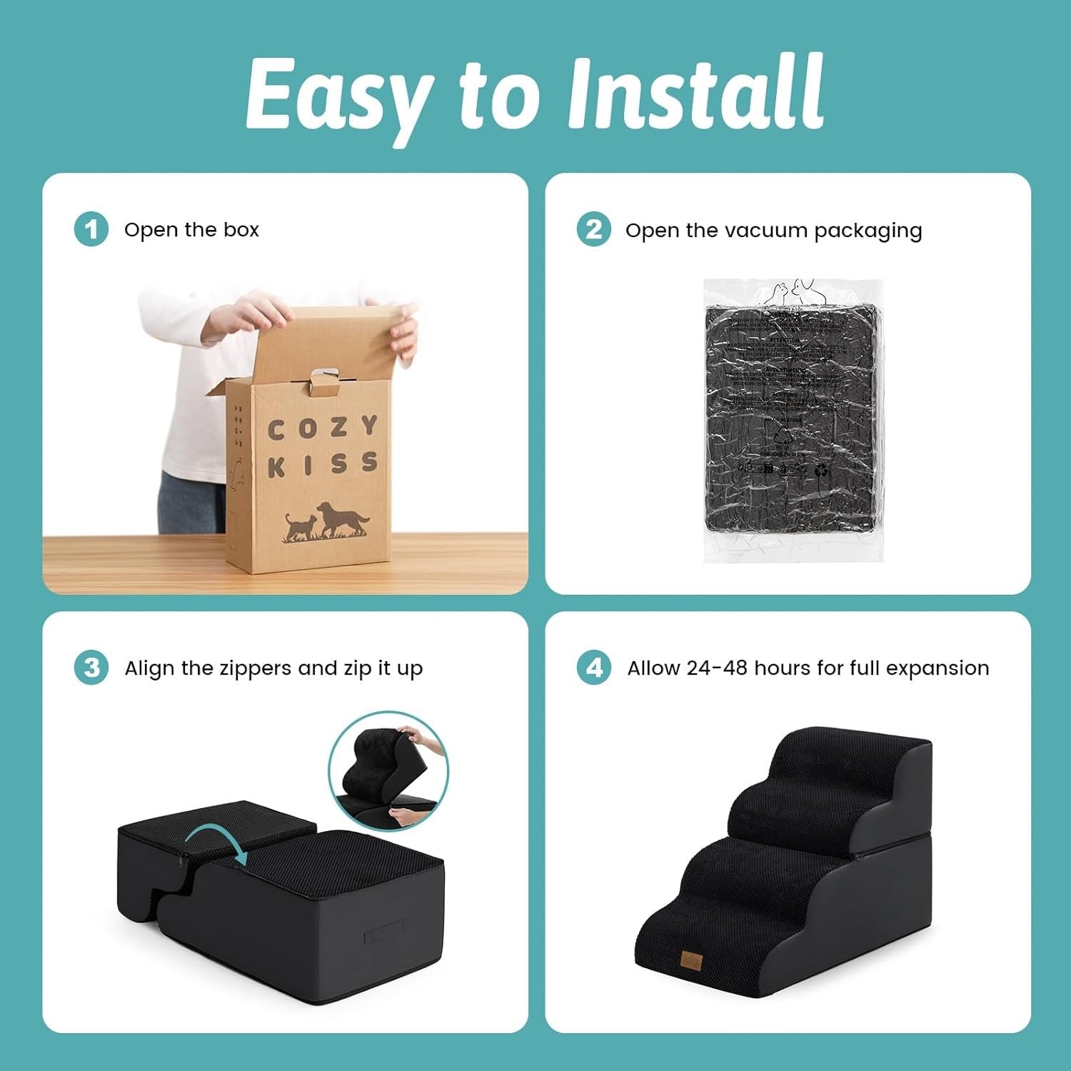 Dog Stairs 4 Step 19.7in Detachable Foam Pet Ramp Black