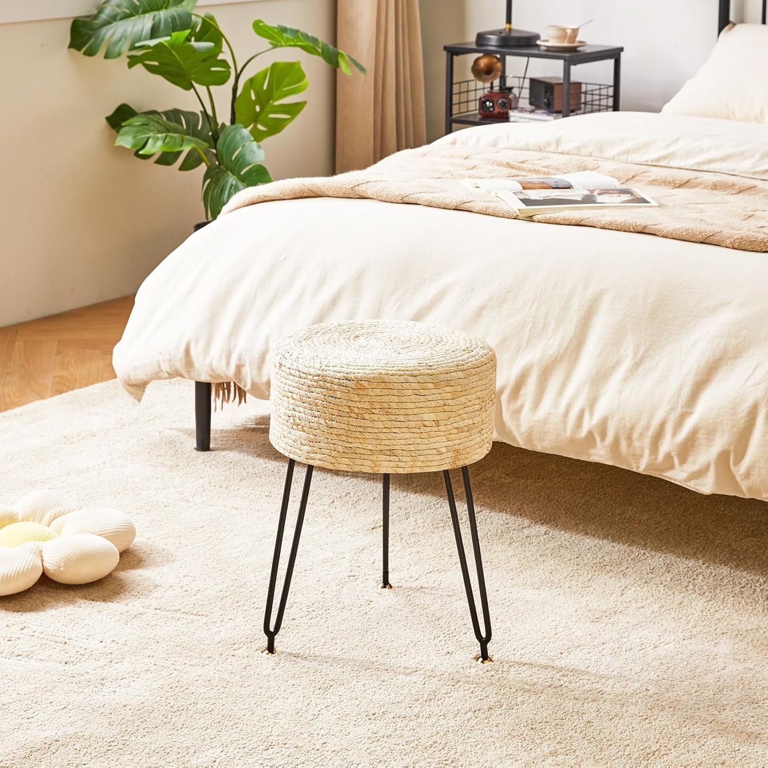 Beige Seagrass Woven Footstool Round Pastoral Stool Metal Legs 32×32×45cm