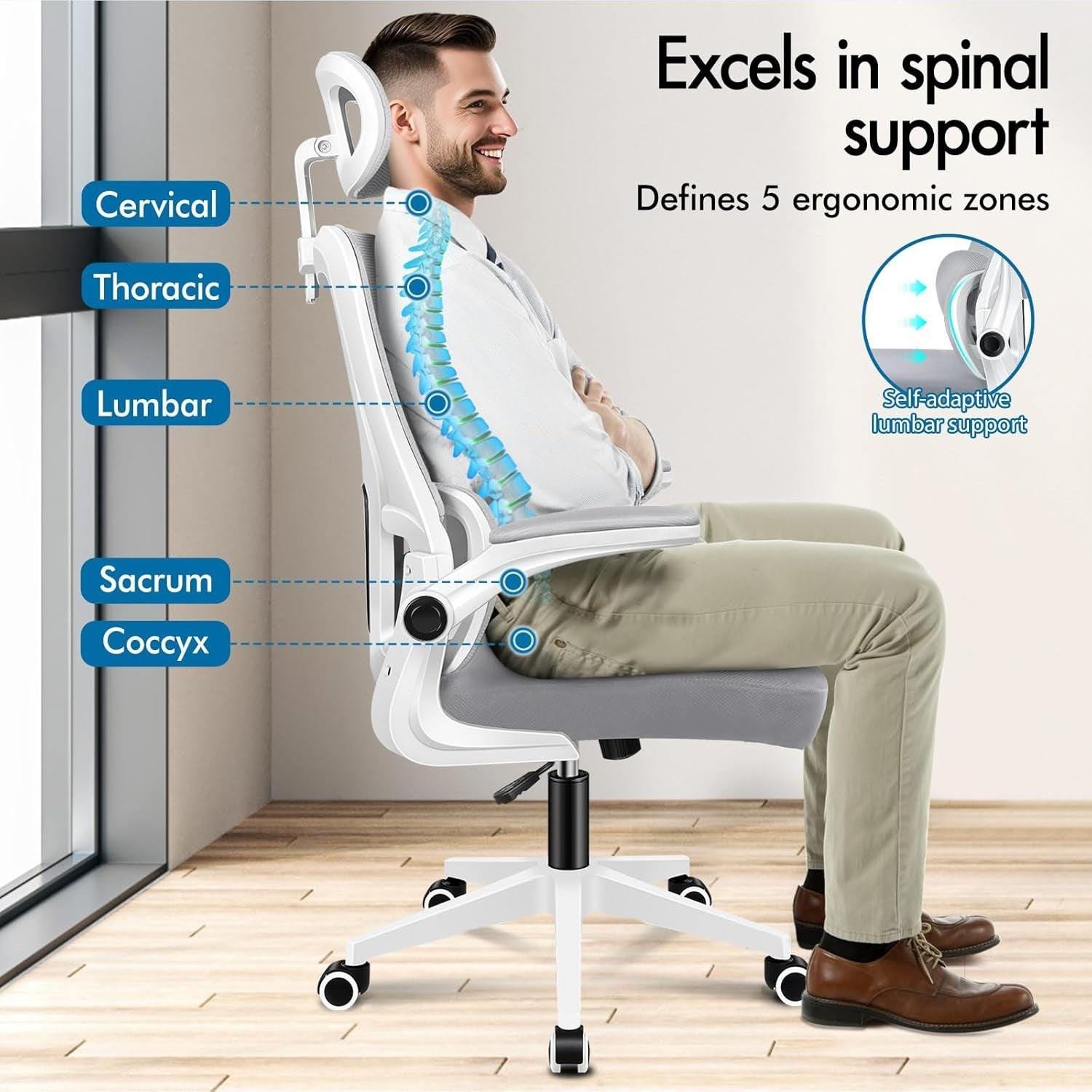 Ergonomic Office Chair Desk Computer Seat Mesh Back Flip-Up Arms Lumbar Grey