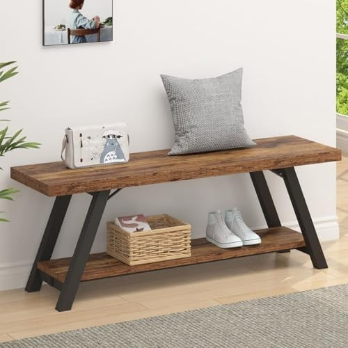 Rustic Industrial Wood Metal Entryway Bench Shoe Rack Seat Hallway Bedroom 47in