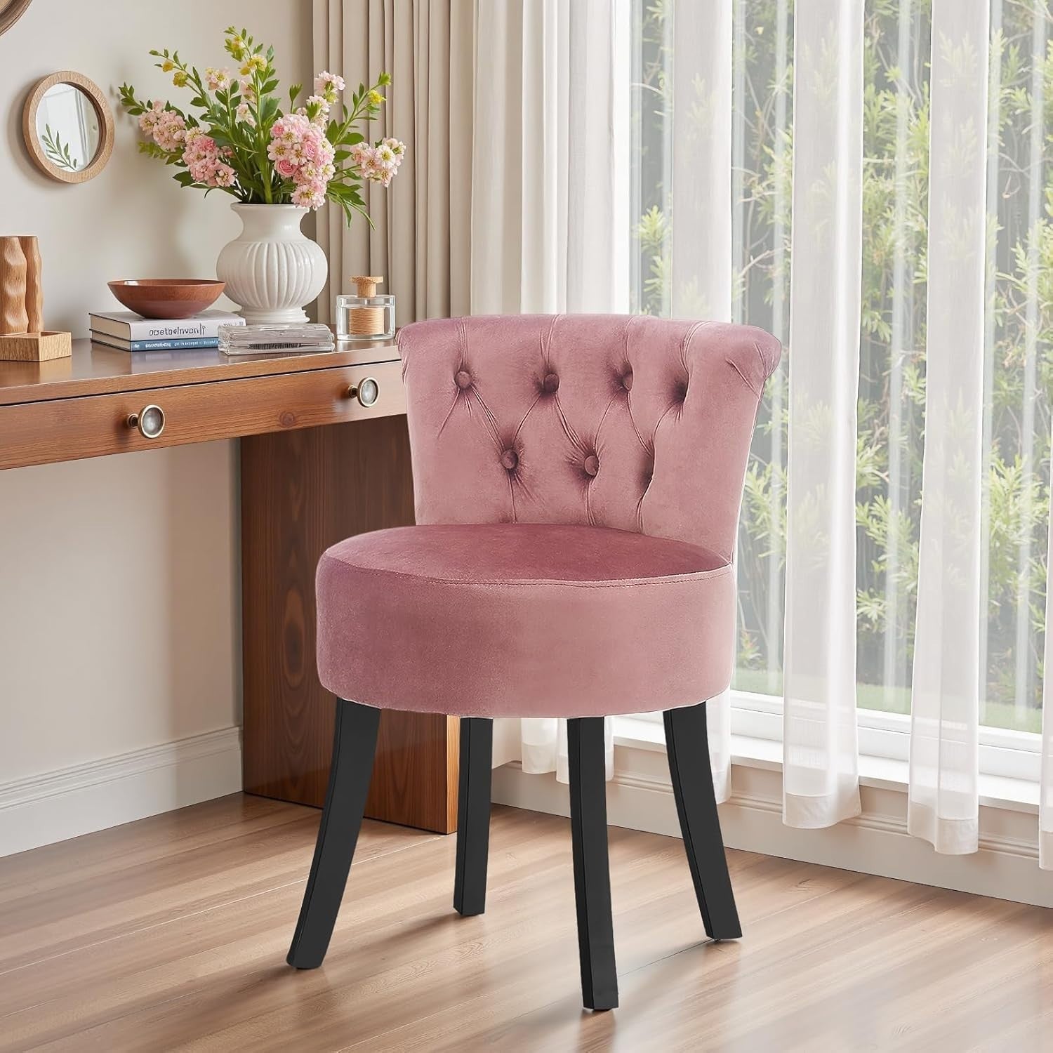 Pink Velvet High-Back Vanity Chair – Wooden Leg Dressing Table Stool