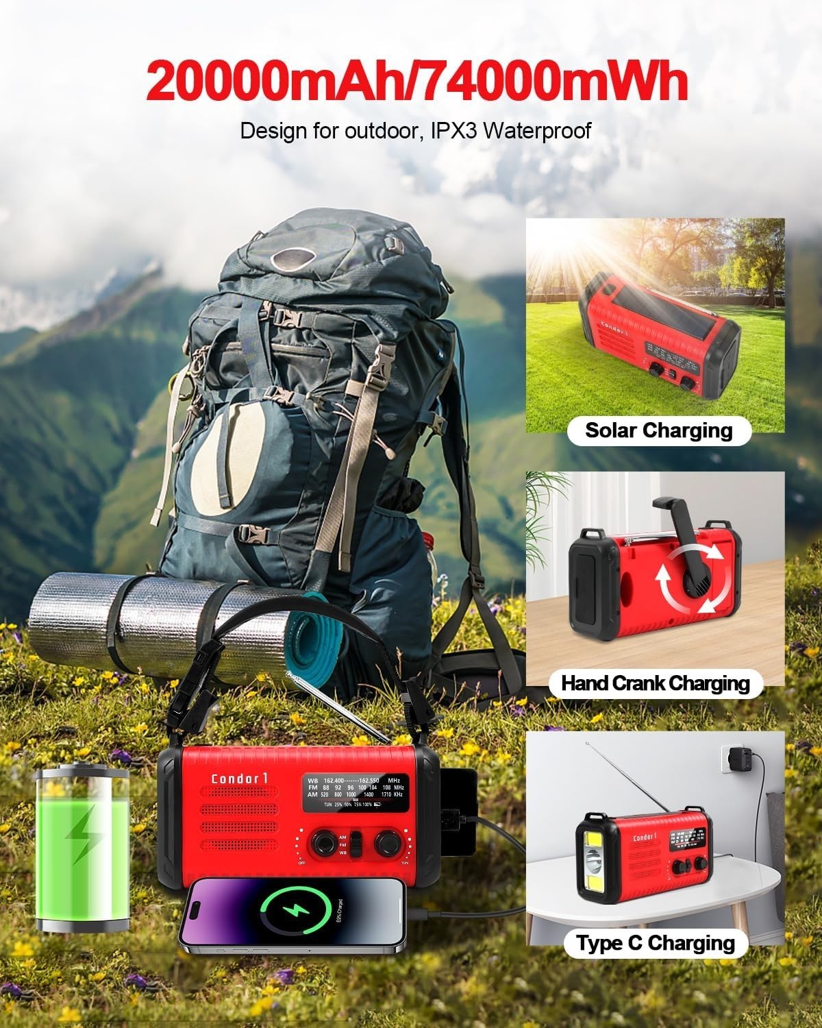 Wind Up Red Solar Emergency Radio with 20000mAh Battery, AM/FM & Flashlight