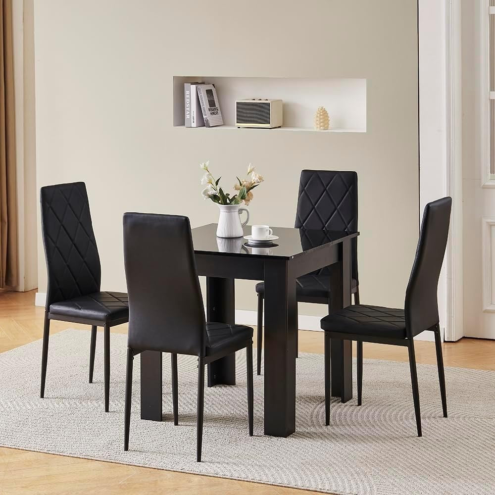 Modern Black Dining Table Set 3PC Small Space PU Chairs Kitchen Home