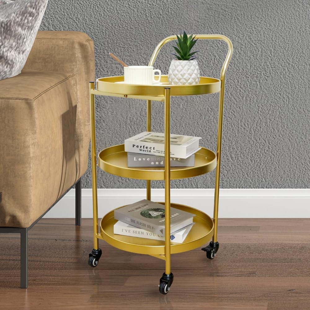 3 Tier Gold Rolling Bar Cart Metal Serving Trolley with Wheels Lockable