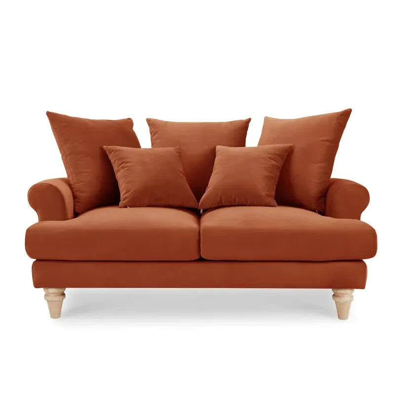 2 Seater Burnt Orange Velvet Sofa Scatter Back Cushions Deep Comfy Seat