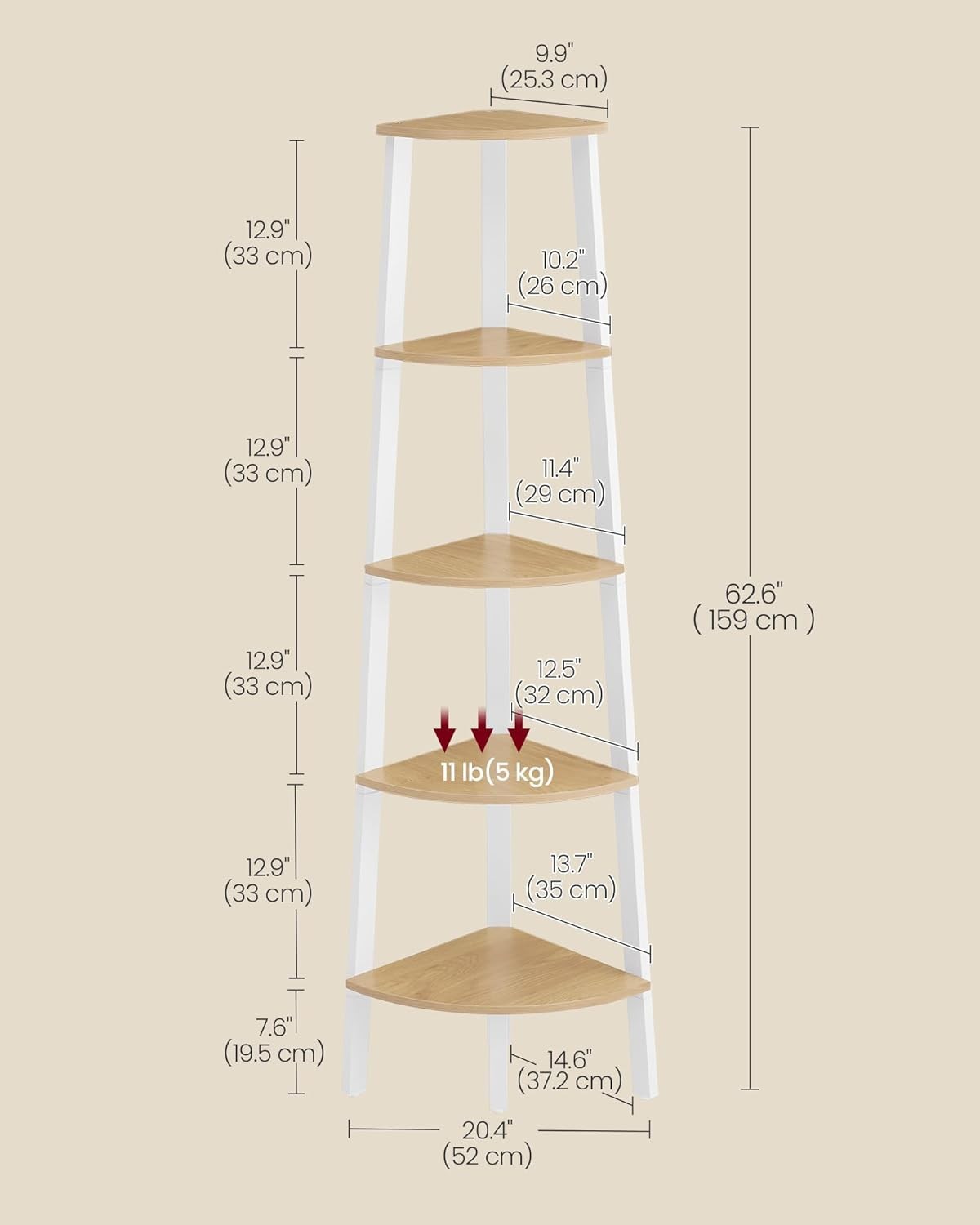 5-Tier Natural Oak & White Corner Shelf Modern Ladder Display Unit for Home