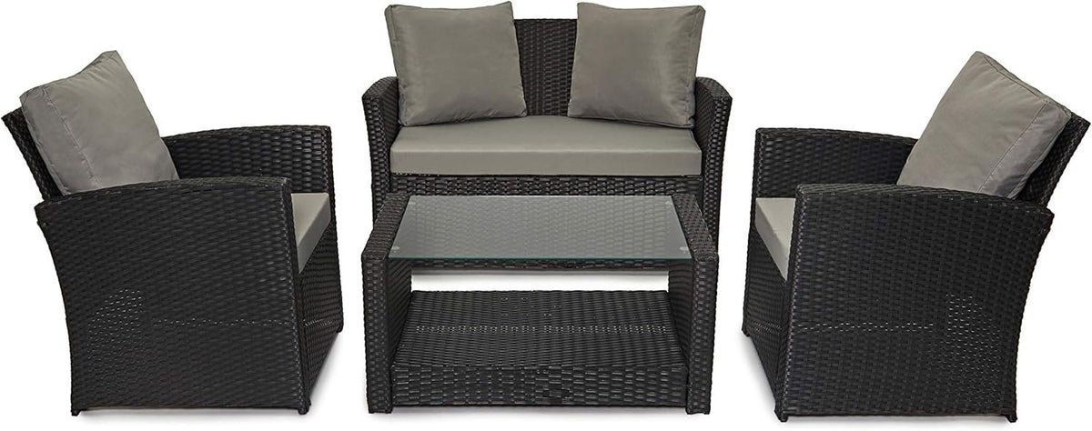 4 Seater Rattan Garden Furniture Set with Cushions & Glass Coffee Table
