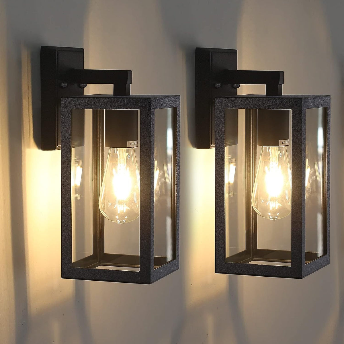 2 Pack Outdoor Wall Lantern Black Aluminum Porch Lights with Glass Shade