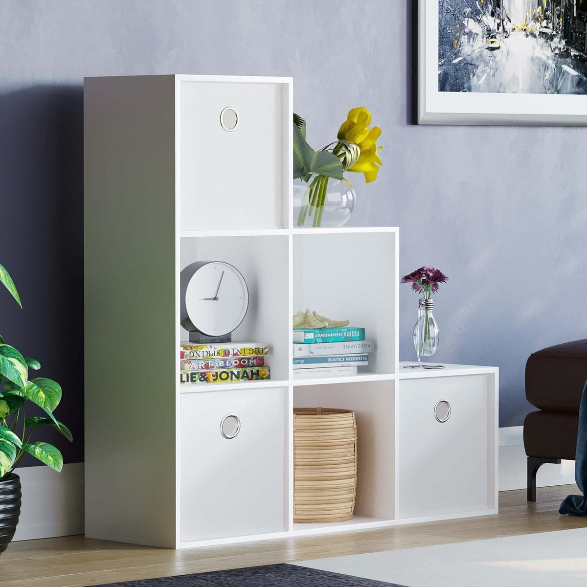 White 6 Cube Staircase Bookcase with 3 White Storage Baskets – Modern Display Un