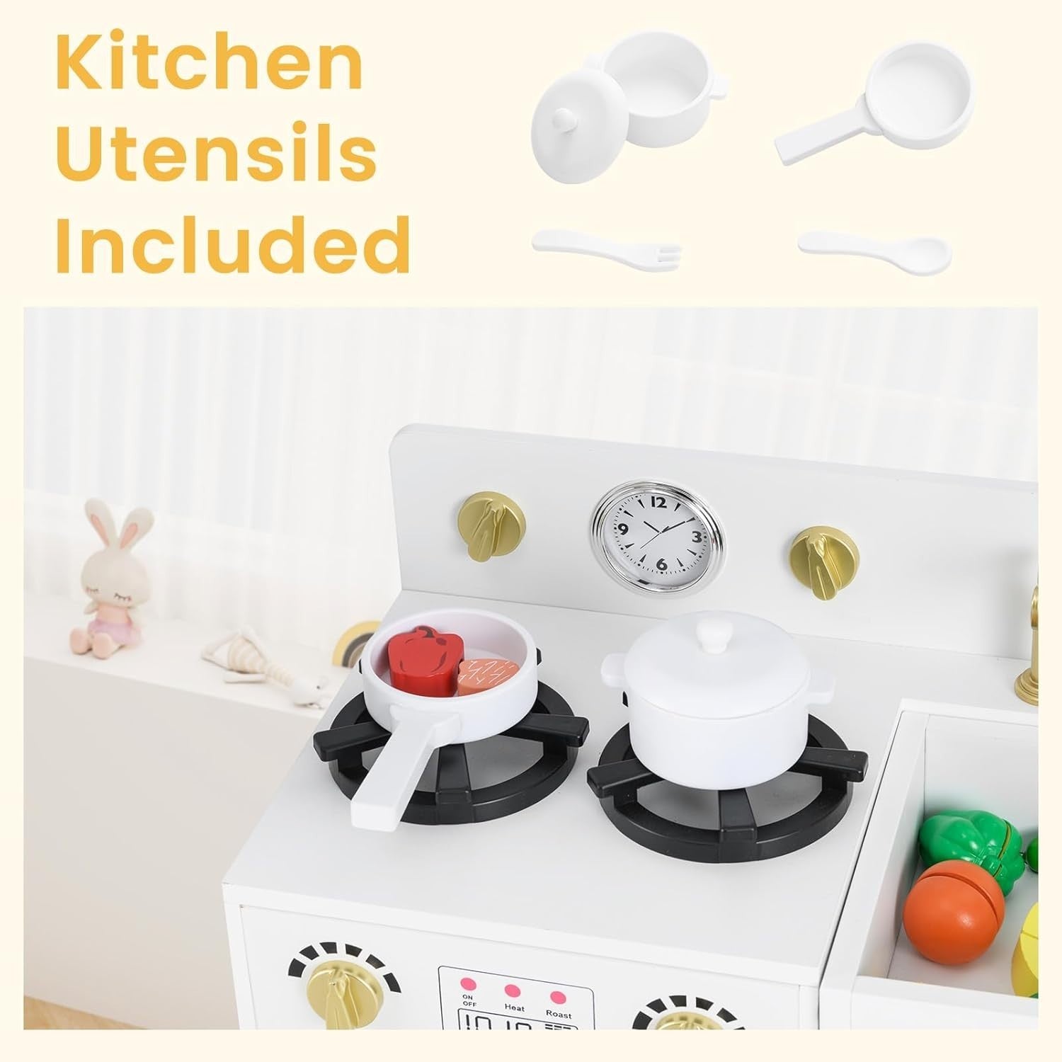 Wooden Kids Play Kitchen White w/ Fridge Ice Maker Accessories
