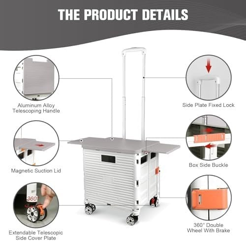 Foldable Shopping Cart Heavy Duty 55kg 360° Wheels Telescopic Handle White
