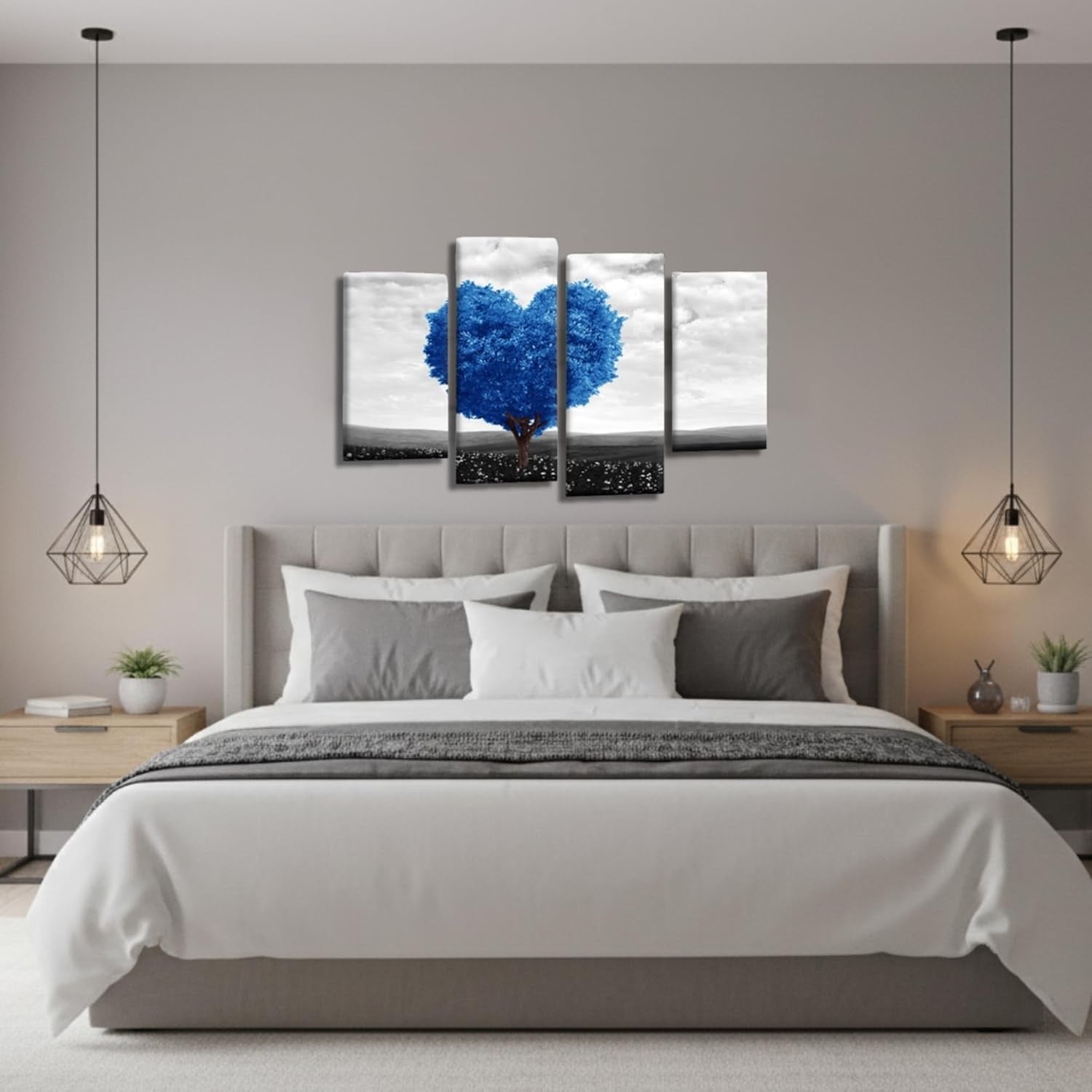 Blue Heart Tree Canvas Wall Art 4 Panel Framed 111x69cm