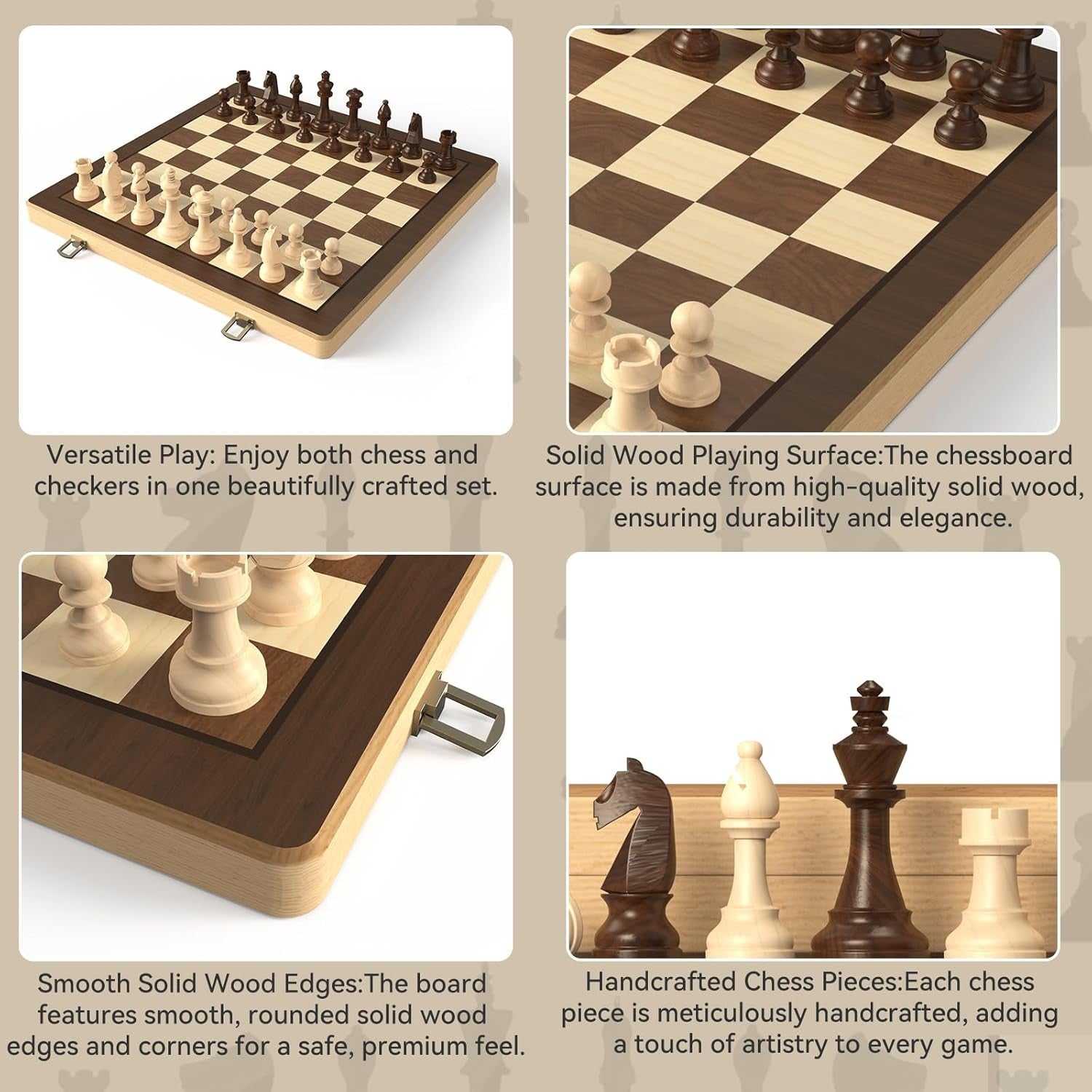 15" Wooden Folding Chess & Checkers Set 2-in-1 Board Game 3" Kings