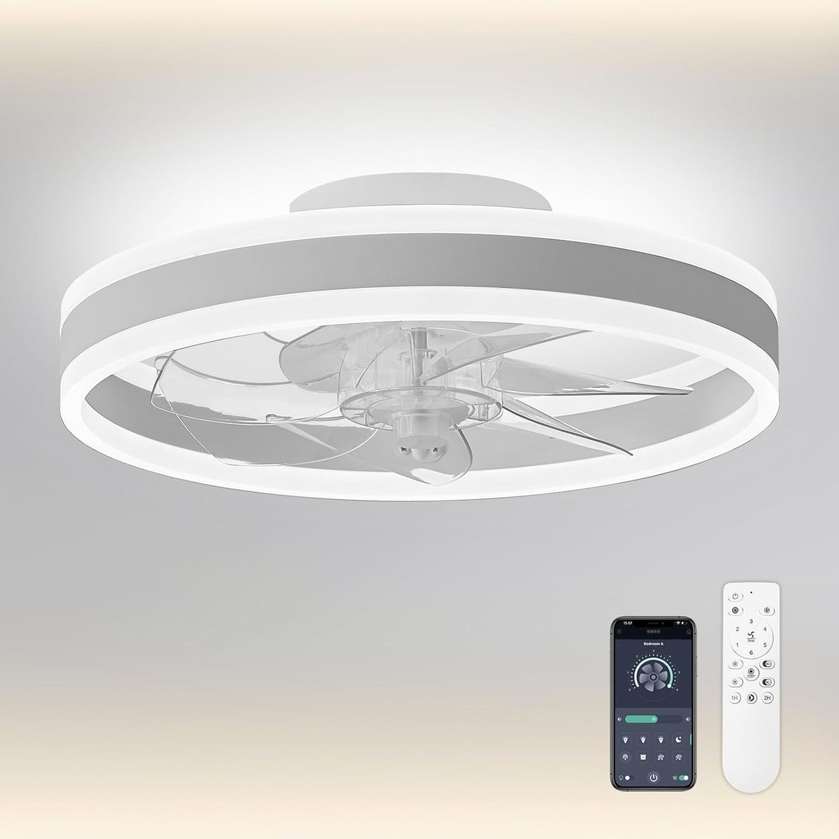 16" Ceiling Fan Light, 6 Speeds, Dimmable, Reversible, App & Remote, White