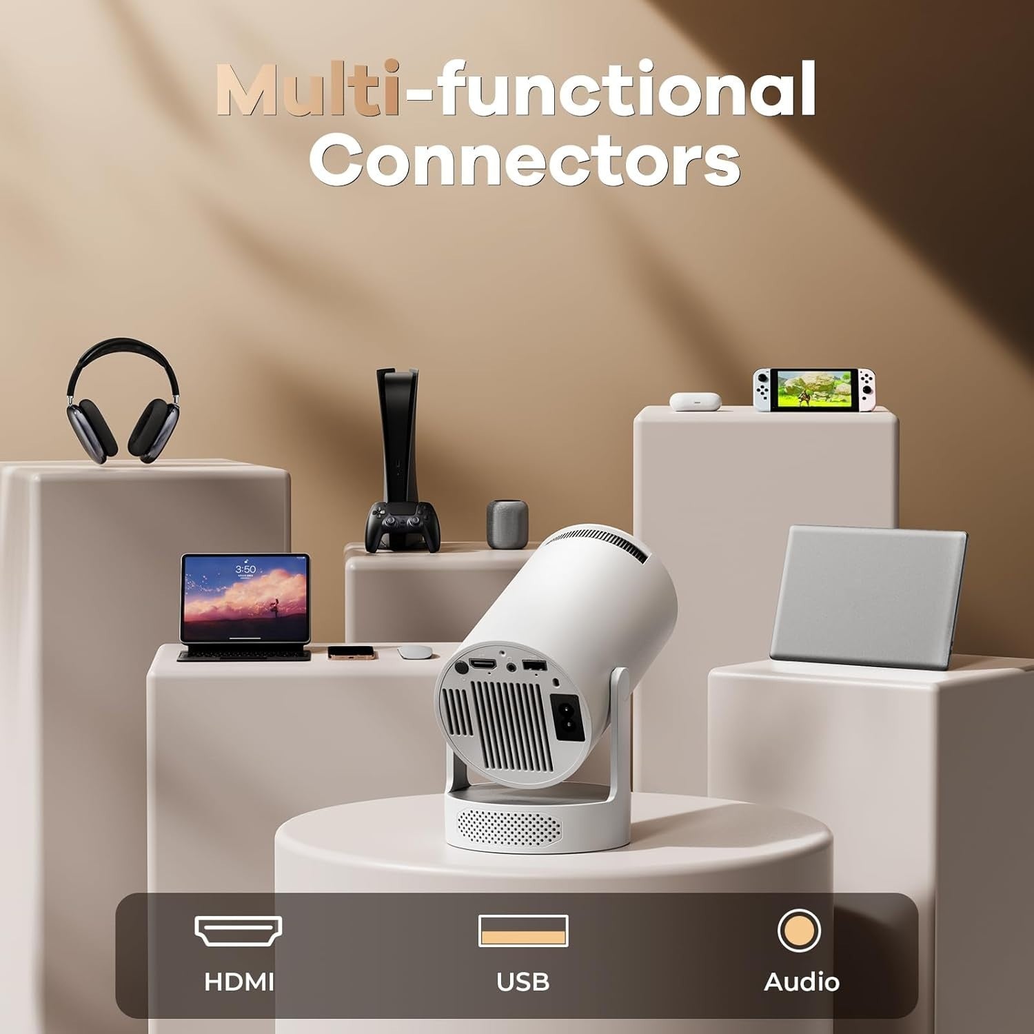 1080P Smart Mini Projector WiFi 6 Bluetooth 4K Support 180° Auto Keystone