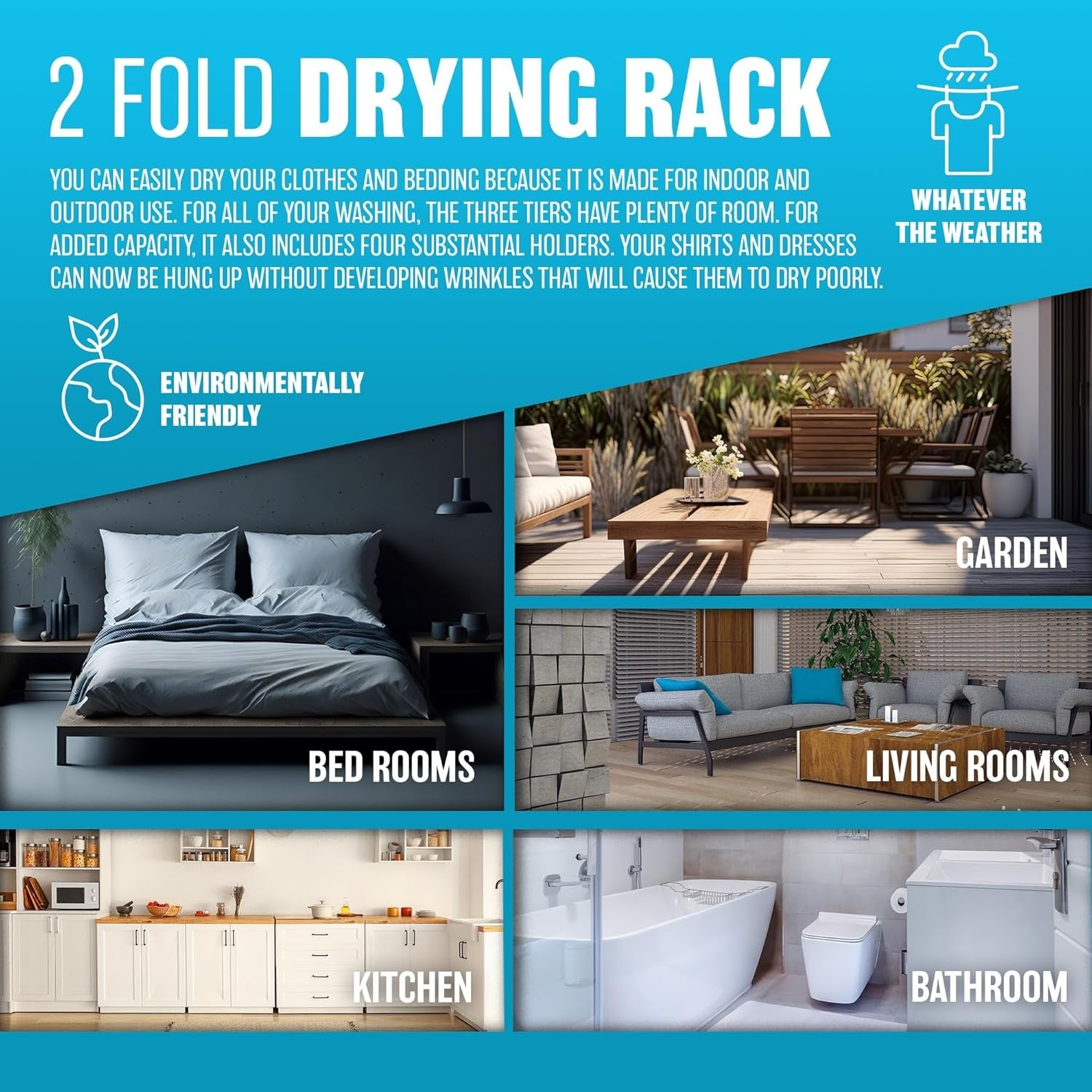 2 Fold Clothes Airer Drying Rack Indoor Outdoor Folding Laundry Rail