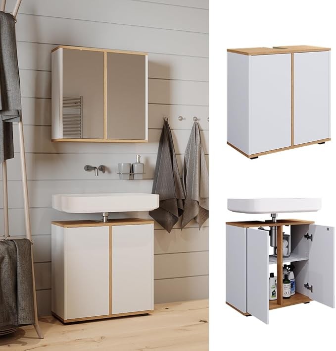 White Artisan Bathroom Sink Cabinet 60x62cm Modern Vanity Unit with Doors
