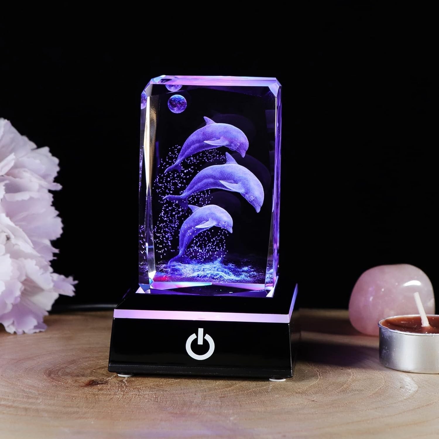 3D Crystal Dolphin Figurine with LED Base • Engraved Glass Ornament Gift Decor
