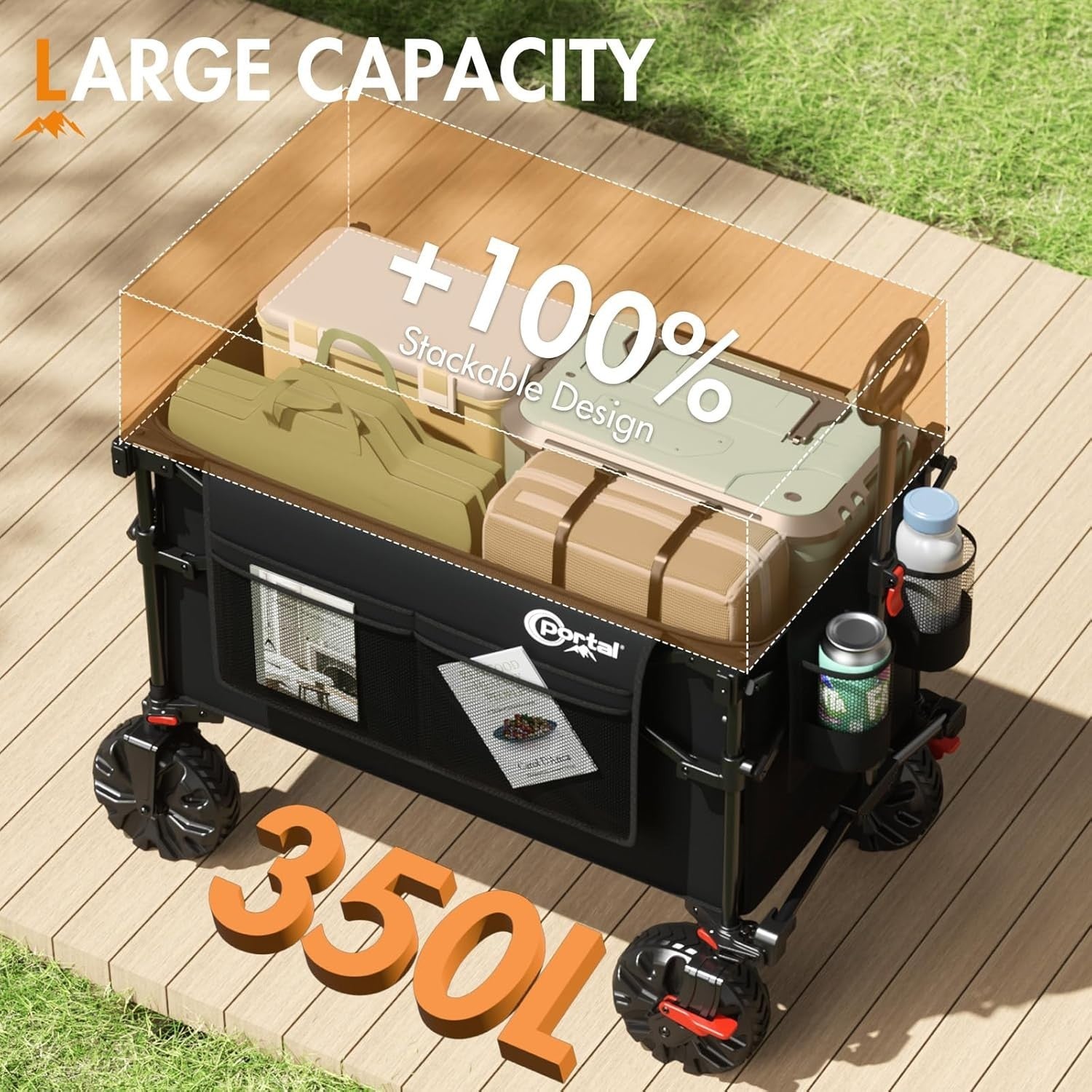 Black 350L Folding Beach Trolley XXL Wagon w/ Canopy Tailgate & Brakes