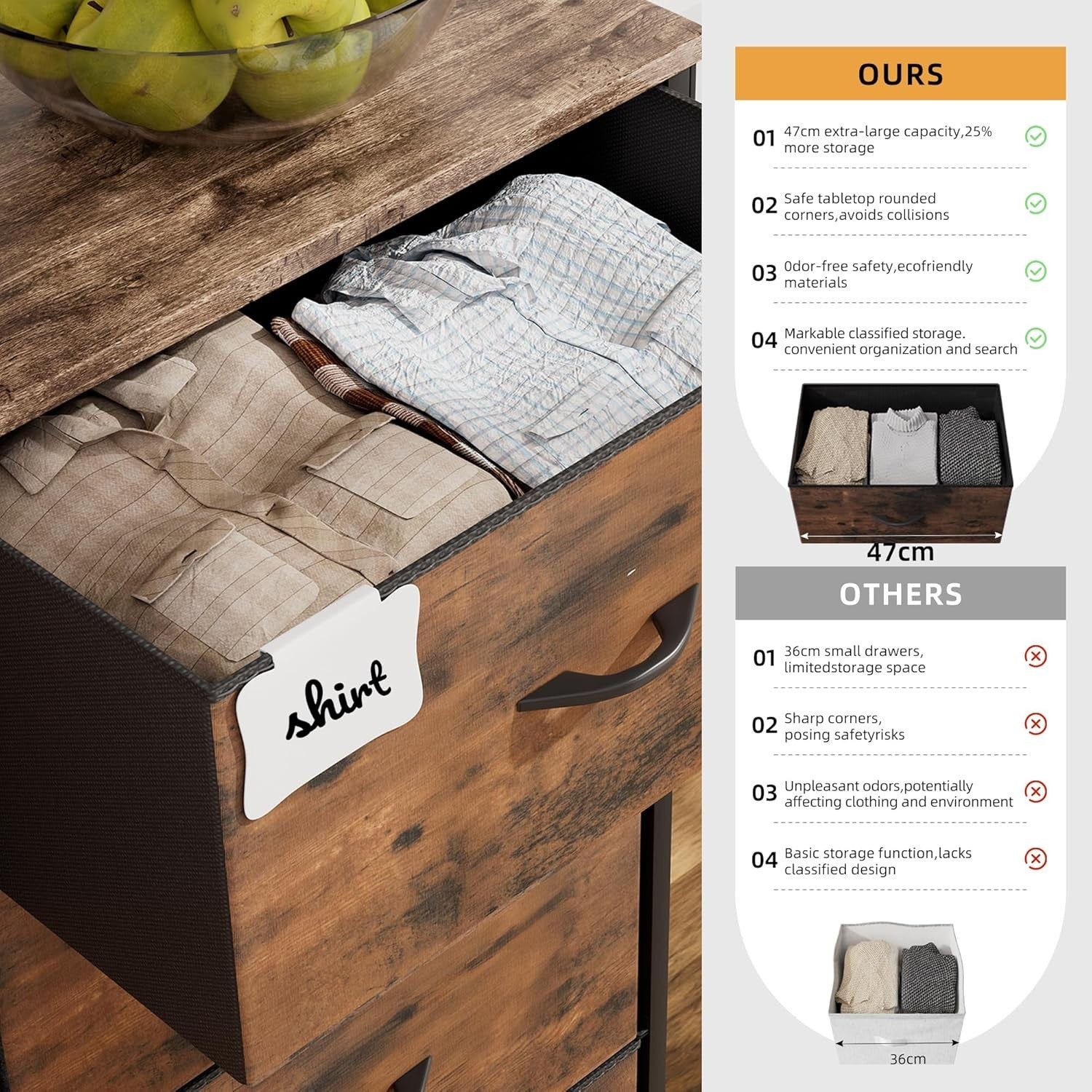 Rustic 8 Drawer Tall Fabric Storage Unit w/ Labels, Pocket & Wood Top