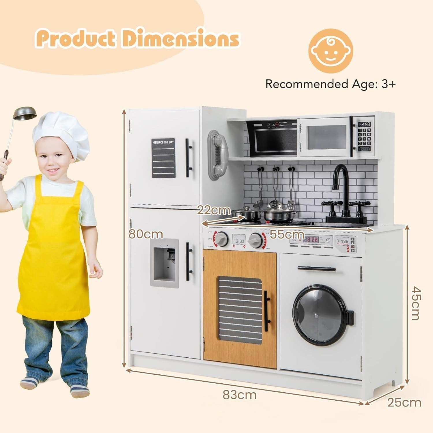 Kids Wooden Play Kitchen Lights Sounds Washing Machine White Toy