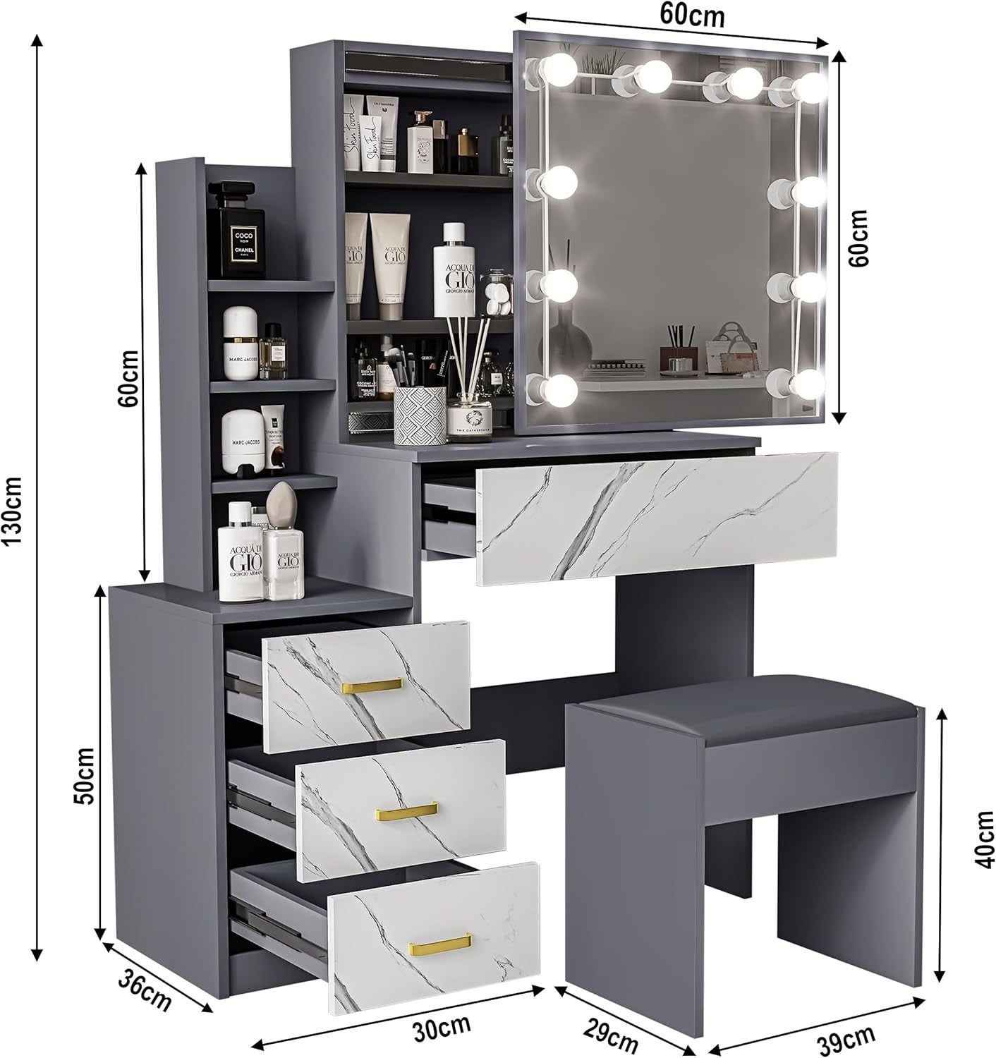 Corner Vanity Desk w/LED Mirror Lights 3 Drawers Cabinet Shelves Space Saver