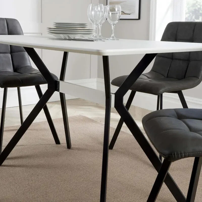 4 Seater Dining Table Set White Top with Grey Fabric Chairs Metal Legs