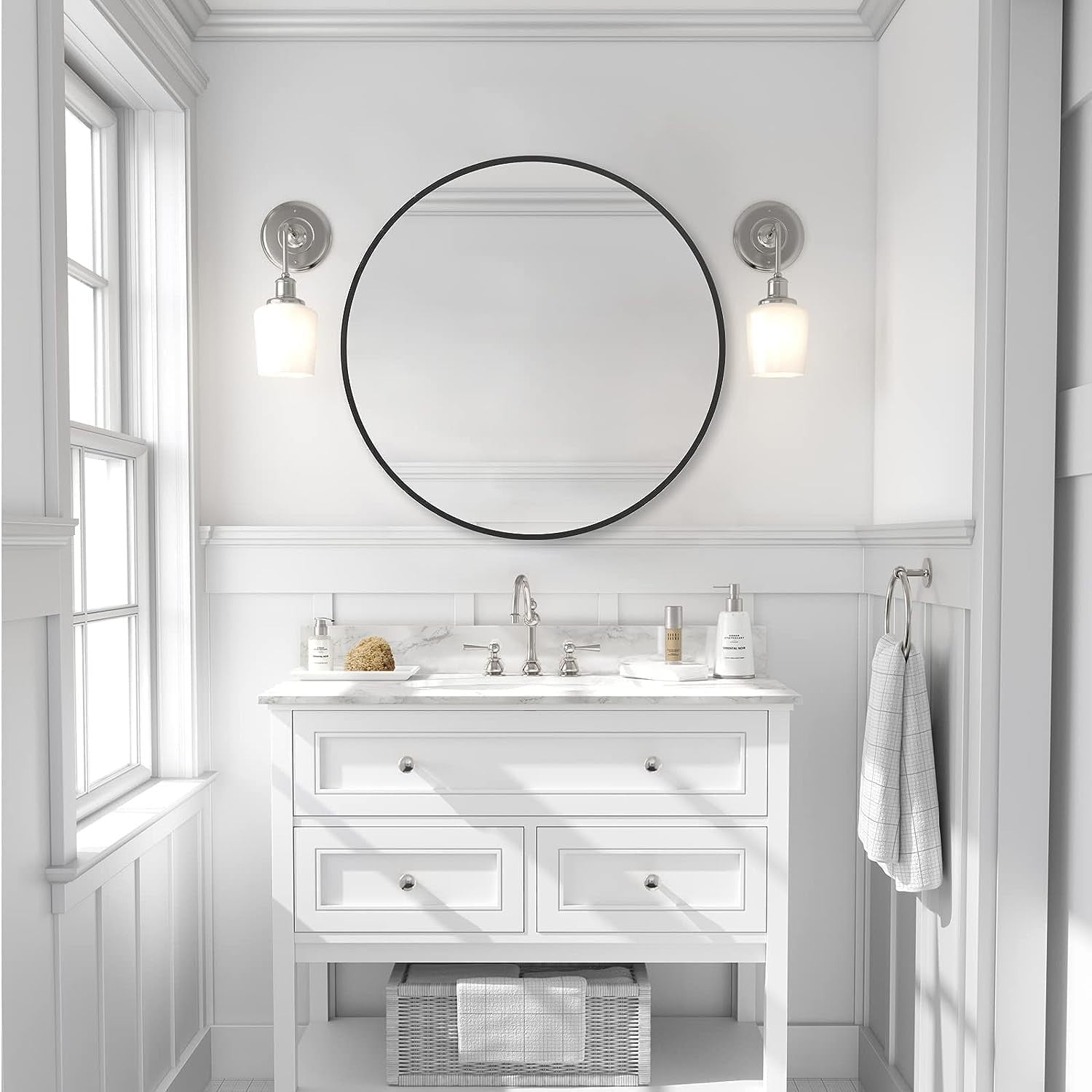 Round Wall Mirror 80cm Black Frame Bathroom Vanity Living Room Modern