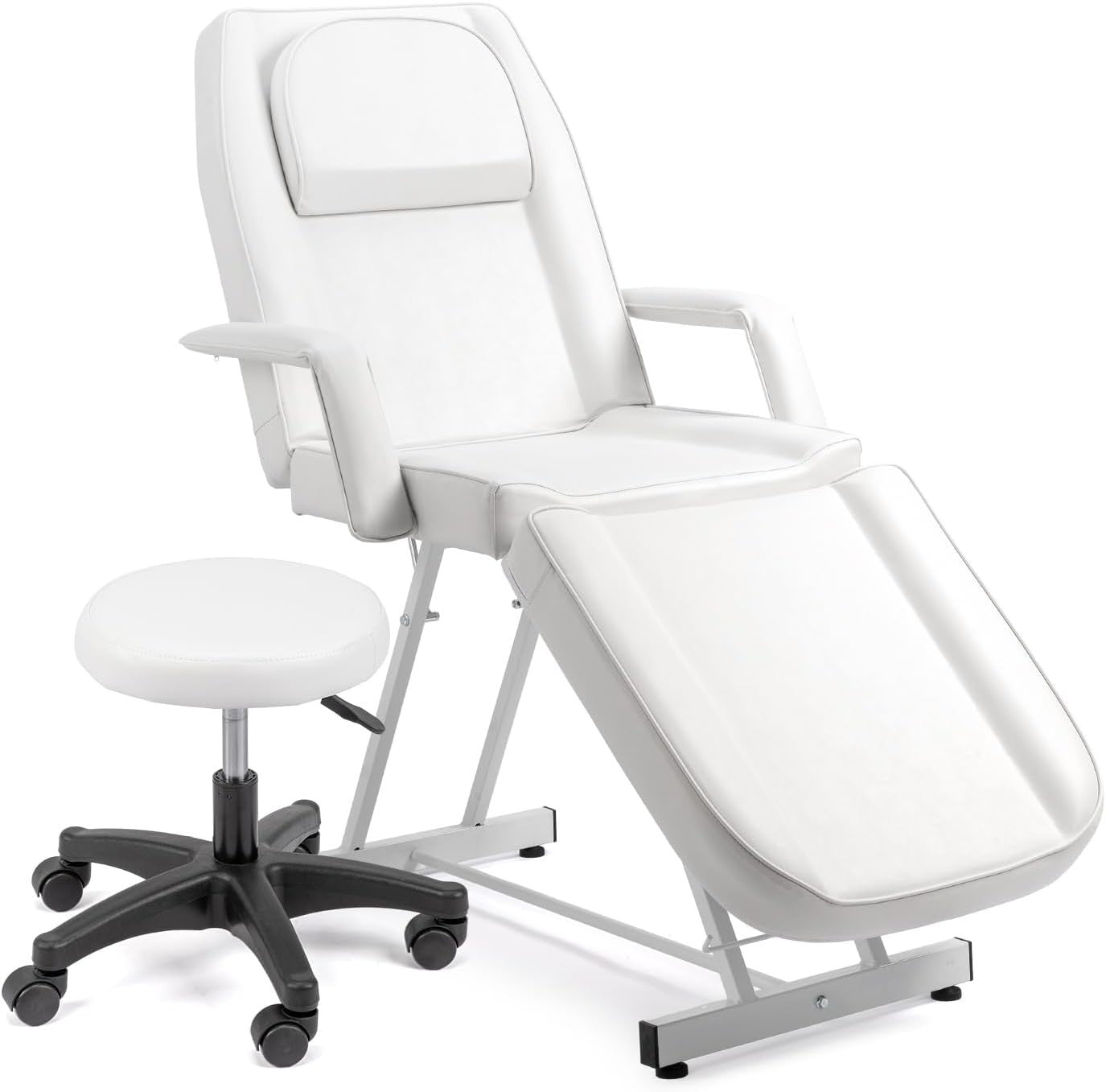 Adjustable 3-Section Massage Table with Stool Spa Facial Tattoo Beauty Bed White