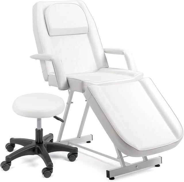 Adjustable 3-Section Massage Table with Stool Spa Facial Tattoo Beauty Bed White