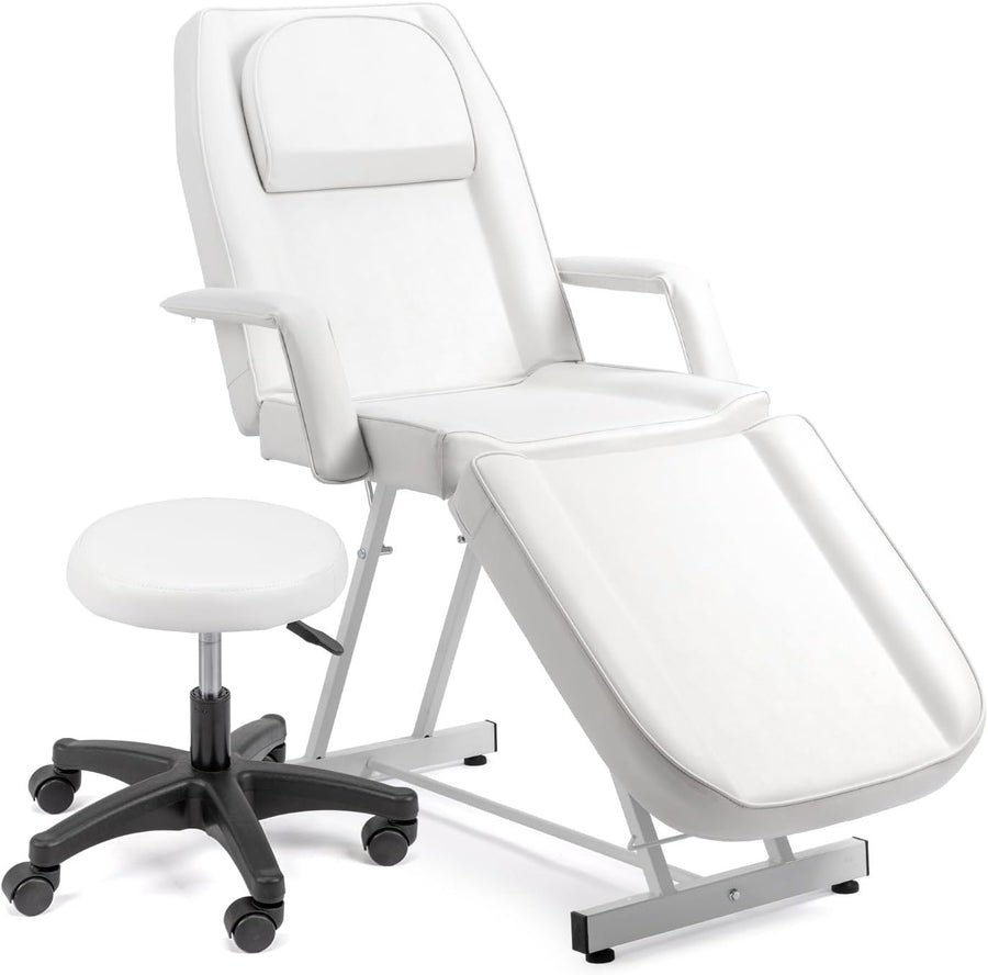 Adjustable 3-Section Massage Table with Stool Spa Facial Tattoo Beauty Bed White