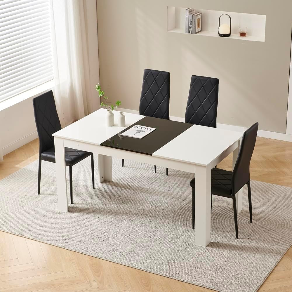 White Dining Table & 4 Black Leather Chairs | Space-Saving Modern Set