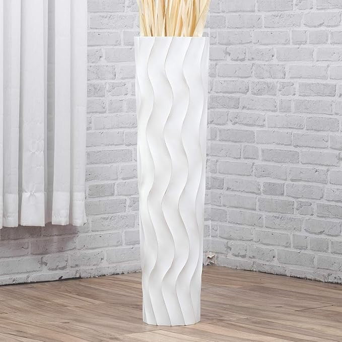 Large White Floor Vase 65cm Tall Wooden Decorative Vase for Pampas Grass