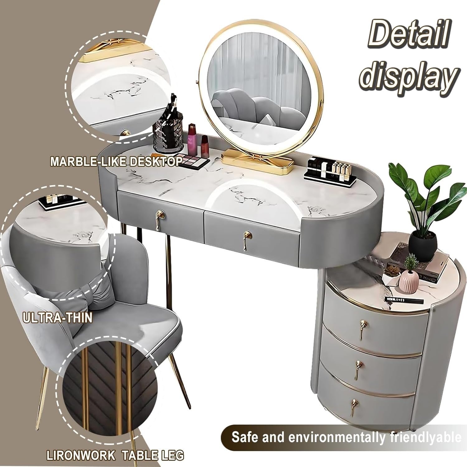 Grey Dressing Table Vanity Set with LED Mirror 5 Drawers Stool Modern Wood Desk