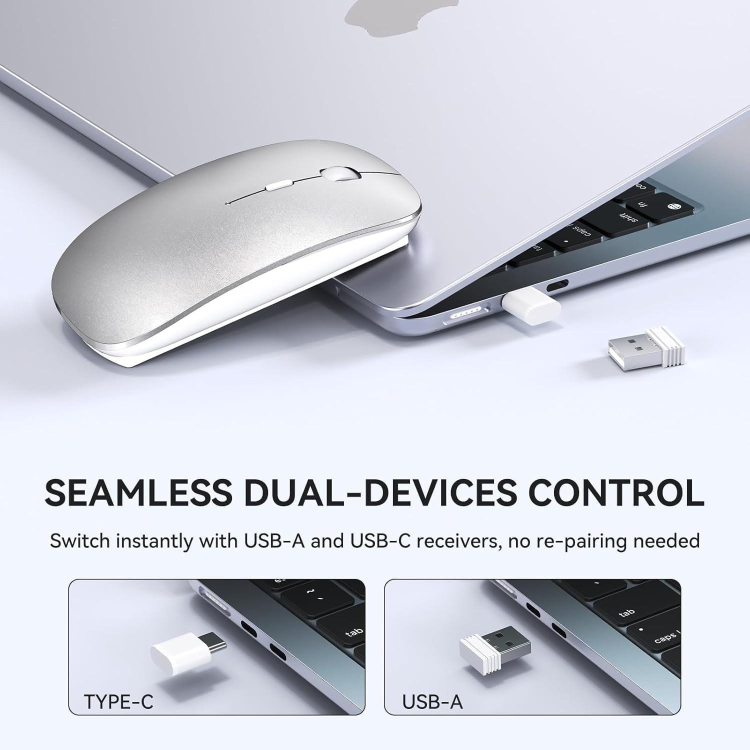 Slim Rechargeable Wireless Mouse USB-C USB-A Silent Click Laptop PC Mac