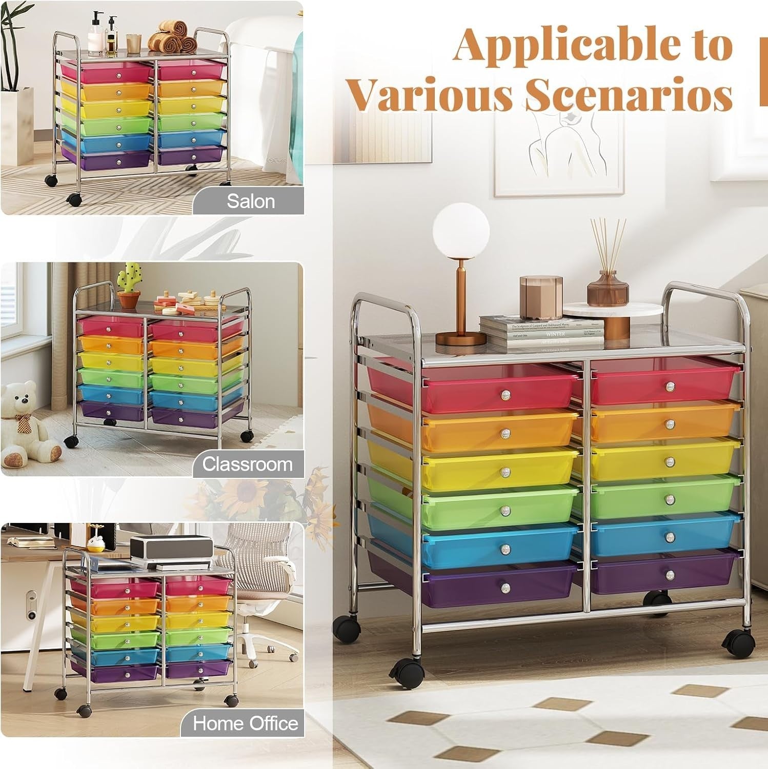 12 Drawer Rolling Storage Cart Rainbow Utility Trolley Organizer Wheels