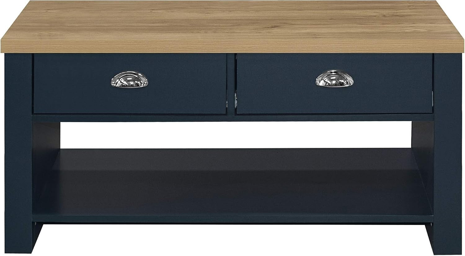 Rustic Blue Oak Coffee Table with 2 Drawers – Farmhouse Storage & Chic Design