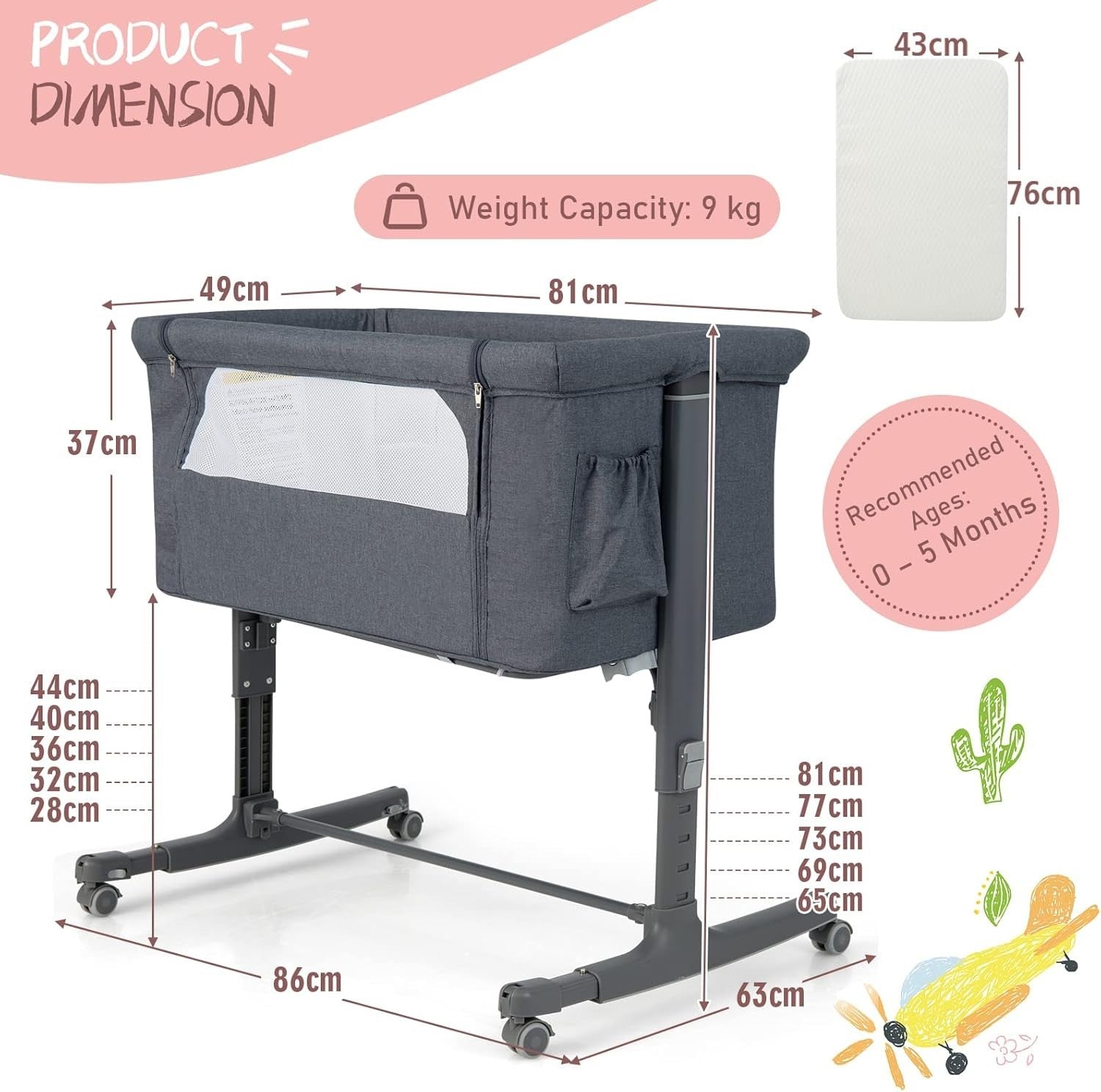 3in1 Baby Bassinet Bedside Crib Co-Sleeper Cot with Mattress & Wheels Grey