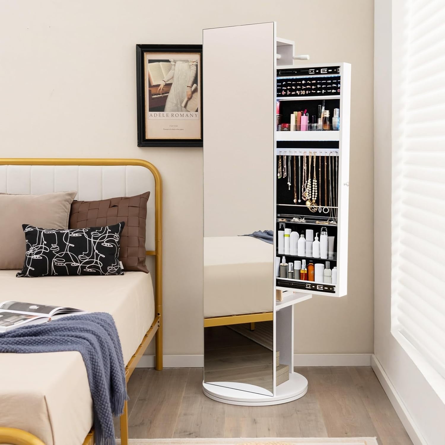 360° Swivel Jewelry Cabinet LED Mirror Coat Rack Storage Organizer