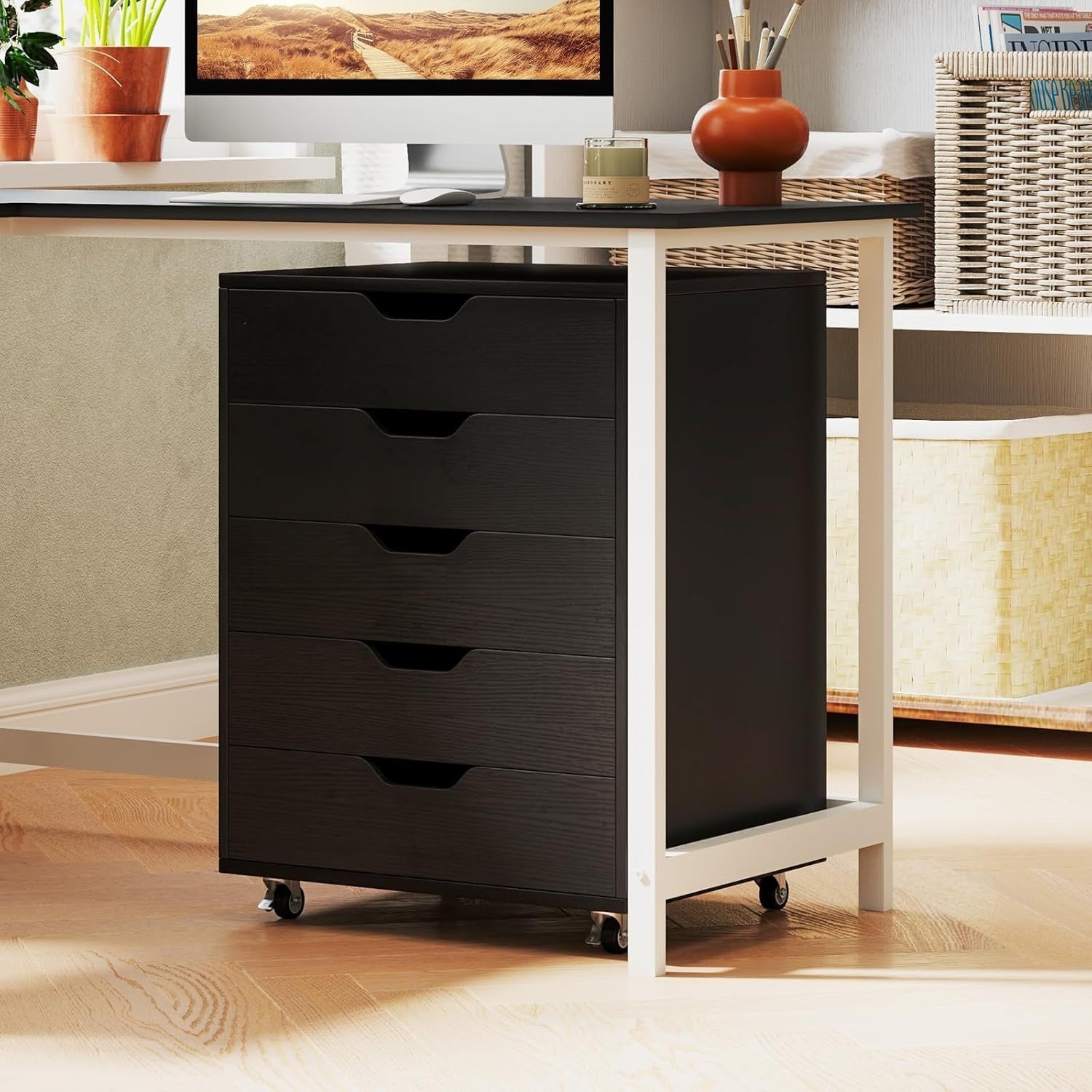 Black Mobile Filing Cabinet 5 Drawer Storage Unit with Wheels for Home Office